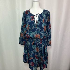 GAP Shirt Dress Womens Large Keyhole Neck Blue Floral Tie Waist Casual Office